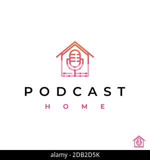 Linie Kunst Mikrofon Podcast Haus Logo Design Vektor-Symbol Abbildung Stock Vektor