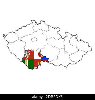 Emblem der südböhmischen Region auf Karte mit Verwaltungseinteilungen und Grenzen Tschechiens Stockfoto