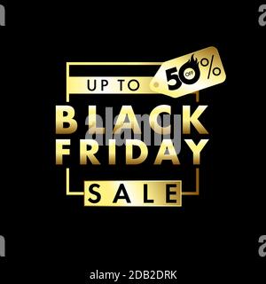 Black Friday Sale Banner mit 50% Rabatt golden Label auf schwarz. Flyer oder Poster-Vektor-Vorlage für spezielle Angebote. Deal Gold Aufkleber Design Stock Vektor