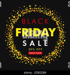 Black Friday Sale Banner mit gelben Sternen auf schwarzem Hintergrund. Sonderangebot bis zu 50% Rabatt für Flyer oder Poster. Vektor Sticker Schablone Design Stock Vektor