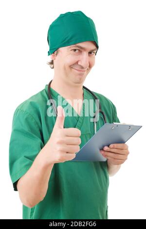 Glücklich Pfleger zeigt Daumen oben, isoliert Stockfoto