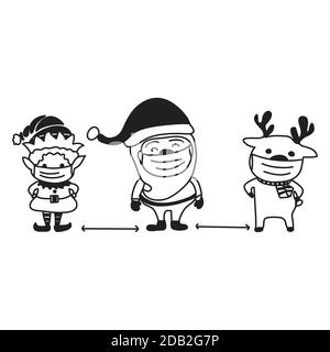 Illustration handgezeichnet für weihnachtskonzept. Weihnachtsfigur mit Gesichtsmaske Stock Vektor