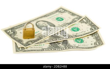 Lockdown COVID-19, Handelsgeschäft globale Wirtschaftskrise, Finanzmärkte, Quarantäne-Konzept, Vorhängeschloss in Stapel von amerikanischen Dollar. Stockfoto