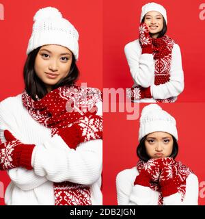 Collage von asiatischen Frau in Hut, Schal, Fäustlinge Pouting Lippen und lächelnd isoliert auf rot Stockfoto