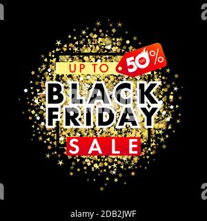 Black Friday Sale Banner mit 50% Rabatt roten Etikett auf goldenen Staub. Flyer oder Poster-Vektor-Vorlage für spezielle Angebote. Deal Sticker Design Stock Vektor