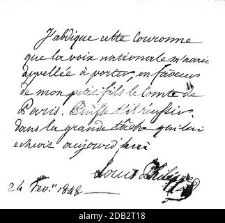 Die Abdankung von Louis Philipps am 24. Februar 1848, Louis-Philippe I., 6. Oktober 1773 - 26. August 1850, war in der sogenannten Juli-Monarchie von 1830 bis 1848 Französisch König / die Abdankung von Louis Philipps vom 24. Februar 1848, Louis-Philippe I., 6. Oktober 1773 - 26. August 1850, war in der sogenannten Julimonarchie von 1830 bis 1848 französischer König, Historisch, historisch, digital verbesserte Reproduktion eines Originals aus dem 19. Jahrhundert / digitale Reproduktion einer Originalvorlage aus dem 19ten Jahrhundert. Jahrhundert, Stockfoto