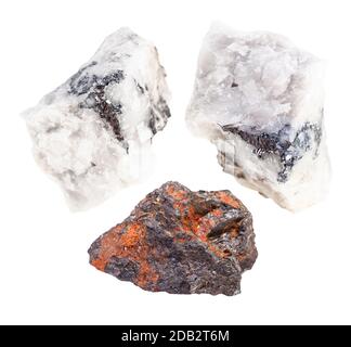 Satz von Wolframite ("Tngsten ore")-Felsen isoliert auf weißem Hintergrund Stockfoto