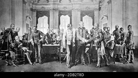 Der Kongress von Berlin, Deutschland, vom 13. Juni 1878 bis 13. Juli 1878, mit Prinz Bismarck / der Kongreß zu Berlin, Deutschland, vom 13. Juni 1878 bis 13. Juli 1878, mit Fürst Bismarck, Historisch, historisch, digital verbesserte Reproduktion eines Originals aus dem 19. Jahrhundert / digitale Reproduktion einer Originalvorlage aus dem 19ten Jahrhundert. Jahrhundert, Stockfoto