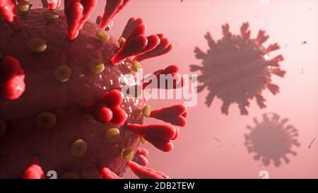 Detaillierte Nahaufnahme des neuen Coronavirus, das eine kovide 19-Erkrankung verursacht. 3D-Rendering eines infektiösen Virus im menschlichen Körper. Medizinisches Konzept der ansteckenden Illnes Stockfoto