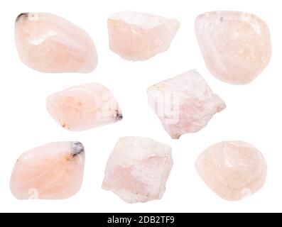 Satz verschiedener, auf weißem Grund isolierter Morganit-Schmucksteine (Vorobyevit, Pink Beryl) Stockfoto
