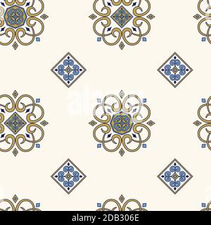 Arabisches Nahtloses Muster. Gold und blau Arabeske. Ost wiederholen Ornament. Dekorative geometrische Textur für Geschenkpapier, Textil, Stoff, Tapete und etc. Vektor-Illustration Stock Vektor