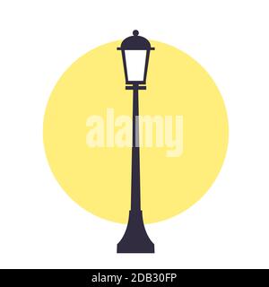 Straßenlampe im Retro-Stil. Dunkle Silhouette mit gelbem Licht auf weißem Hintergrund. Vektor-isolierte Illustration. Stock Vektor
