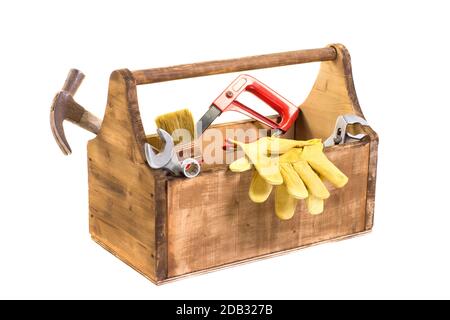 Essential Kit der Heimwerker Werkzeuge in weißer Hintergrund Stockfoto