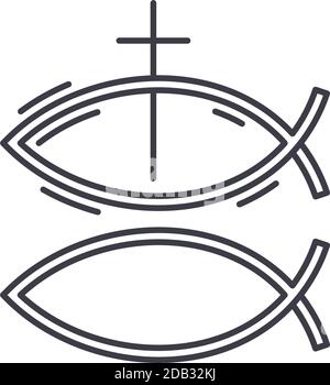 Christian Fisch-Symbol, lineare isolierte Illustration, dünne Linie Vektor, Web-Design-Zeichen, Kontur Konzept-Symbol mit editierbarer Kontur auf weißem Hintergrund. Stock Vektor