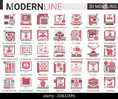 3d-Druck komplexe flache Linie Konzept Wissenschaft Technologie Web-Icons Vektor-Set. Rot schwarz dünne Linie kreatives Design mit Modellierung moderner Technologie Drucker Ausrüstung Maschinen, zukünftige wissenschaftliche Innovation Stock Vektor