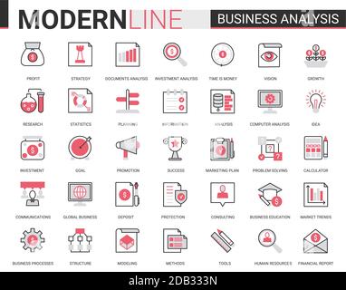 Business Analytics flach dünne rote schwarze Linie Symbole Vektor Illustration Set, Geschäftsmann Analyst Tools für die digitale Analyse Aktienmarktinformationen, Consulting-Strategie umreißen Web-Symbole Sammlung Stock Vektor