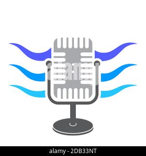 Retro Mikrofon-Symbol mit Blue Sound Waves Symbol isoliert auf weißem Hintergrund. Symbol Für Musik-Audio. Design Mit Lautsprecherlogo. Studio Mic Konzept. Stockfoto