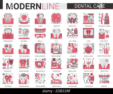 Zahnpflege Medizin komplexe Konzept flache Linie Symbole Vektor-Set, skizzieren Zahnmedizin Healthcare Website Symbole Sammlung mit medizinischen Zahnimplantat Piktogramm, Zahnarzt-Ausrüstung, Zahnpasta Stock Vektor
