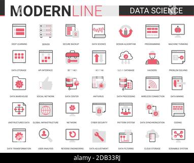 Data Science dünne rote schwarze flache Linie Symbol Vektor Illustration Set mit Umriss Symbole Sammlung von wissenschaftlichen Technologien in Datenbank-Speicher Internet-Systeme, Cyber-Sicherheit der Netzwerkverbindung Stock Vektor