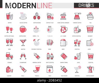 Trinken flach dünne rote schwarze Linie Symbole Vektor Illustration Set, skizzieren trinken Flüssigkeit und Getränke Website Symbole Sammlung von Kaffee oder Tee Tasse und Ausrüstung, Alkohol Cocktails, Café oder Bar-Menü Stock Vektor