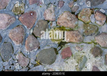 Nahaufnahme von Kopfsteinpflaster auf Gehsteig, bedeckt mit Eis. Textur aus Stein und Eis. Stockfoto