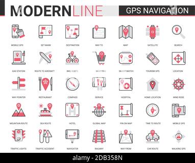 Symboldarstellung für GPS-Navigationsdienst. Rot schwarz flache Linie lineare Website Design Sammlung von Reisesymbolen für mobile Navigator, Karte Geo Lage von zu Hause oder Reise Ziel Stock Vektor