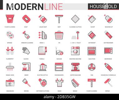 Haushaltsgeräte flach dünne rote schwarze Linie Symbole Vektor-Illustration-Set, skizzieren Hausreinigung, Kochen oder Garten lineare Symbole, Hausarbeit Sammlung von Haushaltsreinigern Ausrüstung, Haushaltsgeräte Stock Vektor