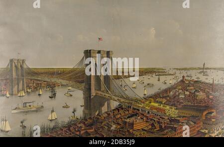 Große Vogelperspektive auf die Hängebrücke des Great East River, die die Städte New York und Brooklyn verbindet: Zeigt auch das herrliche Panorama auf die Bucht und den Hafen von New York. Stockfoto