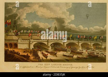 Drucken zeigt Ballon möglicherweise von britischen Ballonfahrer Charles Green pilotiert Aufstieg über New London Bridge anlässlich seiner Eröffnung, 31. August 1831, Zeuge von William IV, König von Großbritannien.. Stockfoto
