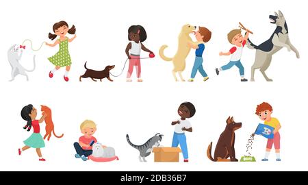 Glückliche Kinder spielen und gehen mit Tieren Vektor Illustration Set. Cartoon lustiges Kind und nette Katze oder Hund spielen zusammen, Haustier Besitzer Mädchen und Junge Fütterung und Pflege eigenen Tier isoliert auf weiß Stock Vektor