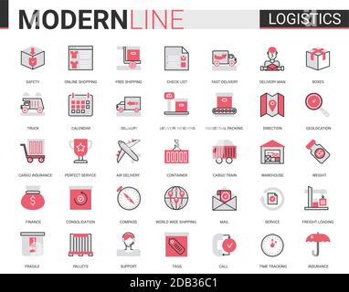 Logistik Transport, Lieferservice flat line Symbol Vektor Illustration Set. Rot schwarz dünne lineare Symbole für mobile App-Website mit Güterverkehr, Lagerverladung, Versand Stock Vektor