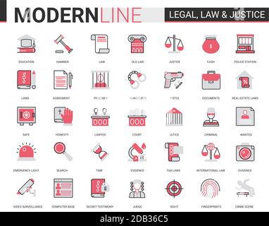 Rechtsrecht und Gerechtigkeit flache Linie Symbol Vektor Illustration Set. Rot schwarz Infografik Design von mobilen App Website-Symbole mit gerichtlichen Gesetzgebung Bildung, Anwalt Verteidigung, Polizei Untersuchung Stock Vektor