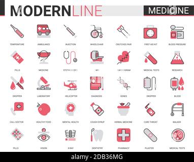 Medizin Gesundheitswesen flache Linie Symbol Vektor Illustration Set. Rot schwarz dünne lineare Design-Kollektion, medizinische Gesundheitsversorgung Symbole für mobile Apps mit Krankenhaus Forschung Laborgeräte, Arzt Behandlung Stock Vektor