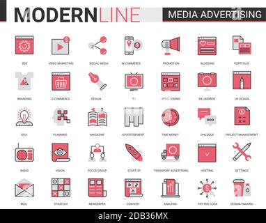 Medien Werbung flache Linie Symbol Vektor Illustration Set. Rot schwarz Sammlung von skizzenhaften Infografik Piktogramm Symbole für mobile Apps mit Marketing-Strategie Forschung, Werbung in sozialen Medien Stock Vektor