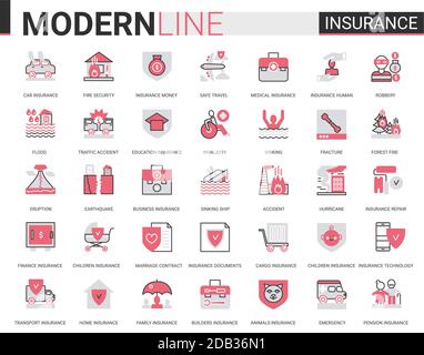 Versicherung flach dünne rote schwarze Linie Symbol Vektor-Illustration Set mit Outline Assurance Infografik App Symbole der Versicherung für Familiengesundheit, Hauseigentum oder Autotransport, Geschäftsfinanzierung Stock Vektor