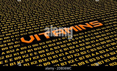 Vitamine Symbole in zufälliger Reihenfolge - Wort VITAMINE als Titel - Buchstaben in gelb und orange Farbe auf schwarzem Hintergrund Stockfoto