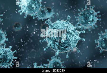 corona-Virus 2019-ncov-Grippeausbruch, mikroskopische Ansicht von schwimmenden Grippevirus-Zellen, SARS-Pandemierisiko-Konzept, 3D-Rendering Stockfoto