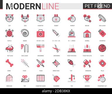 PET Shop flacher Linie Symbol Vektor Illustration Set mit Umriss Veterinärsymbole für Hund Katze Schlange Fisch Maus Hamster Kaninchen Papagei Vogel Tierpflege Tierarztartikel, lineare Lebensmittel Spielzeug für angenommen Tier Stock Vektor