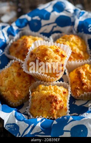 Maisbrot-Muffins mit Cheddar-Käse auf einem Blue Vintage Teller auf einem Holzhintergrund - FOODPIX Stockfoto