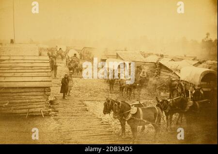 Lager der Union Streitkräfte in Centerville, Virginia, zeigt Soldaten, Blockhäuser, Pferde und Wagen, im Winter von 1861-1862. Stockfoto