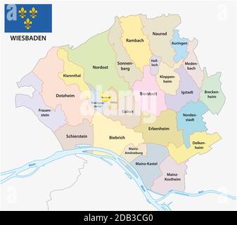Verwaltungskarte der Landeshauptstadt Hessen Wiesbaden mit Fahne Stockfoto