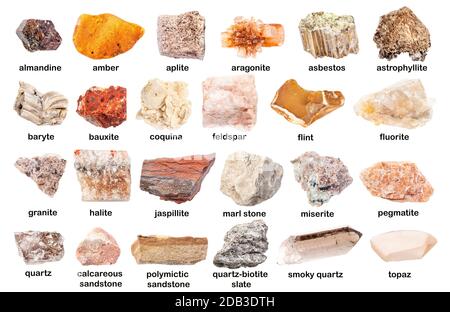 Satz verschiedener ungeschliffener Steine mit Namen (Asbest, Fluorit, Aplit, rauchiger Quarz, Feldspat, Bauxit, Astrophyllit, Baryte, Quarz-Biotit-Schiefer, Stockfoto