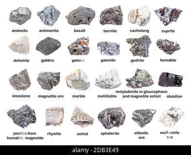 Satz verschiedener grauer, ungeschliffener Steine mit Namen (Galenit, Hämatit, Pisolit, Sphalerit, Cuprit, Marmor, Cacholong, Gedrite, Basalt, Schist, Limes Stockfoto