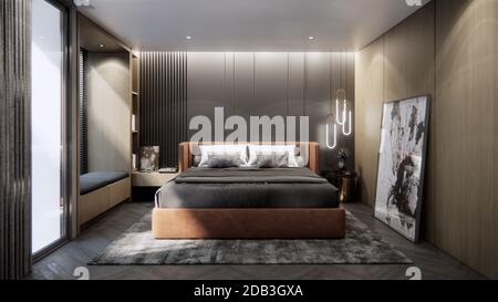 Innenarchitektur des modernen Luxus-Schlafzimmer mit Doppelbett, 3D-Rendering Stockfoto