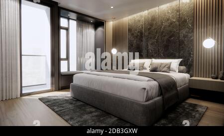 Interieur des modernen Luxus-Schlafzimmer mit Doppelbett und Marmorwand, 3D-Rendering Stockfoto
