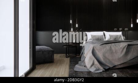 Modernes Schlafzimmer in Schwarz, 3D-Rendering-Hintergrund Stockfoto