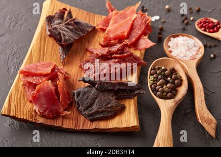 Ruckartig. Set aus verschiedenen Arten von getrocknetem gewürztem Fleisch auf Holztablett, diverse Pfefferkörner und Salz auf Holzlöffeln auf dunkelgrauem Hintergrund. Draufsicht. Schnickschnack Stockfoto