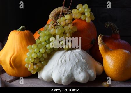 Stilleben mit Kürbis, Kürbis und Traube. Saisonale Gemüse und Obst schön auf dem Tisch gestapelt. Stockfoto