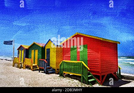 Landschaft mit bunten hölzernen Umkleidehütten am Strand in Muizenberg Südafrika Stockfoto