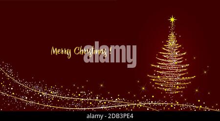 Weihnachtsbaum mit Stern auf dunkelrotem Hintergrund. Abstrakte Linien und leuchtende Lichter auf dem Fischgrätmuster und dem Text für Glückwünsche an Christma Stock Vektor